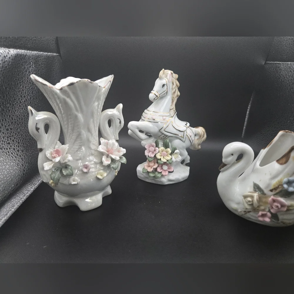 Porcelain Swan and Horse Figurines with Floral Accents Vintage